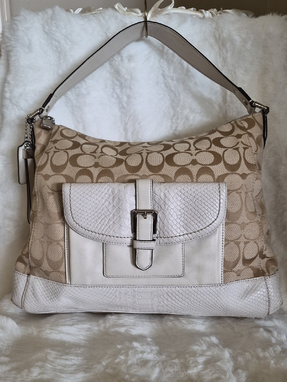 Coach Charlie Signature Canvas Python Embossed Leather Hobo Bag F32081
